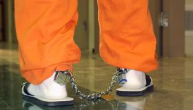 Shackles on legs of inmate