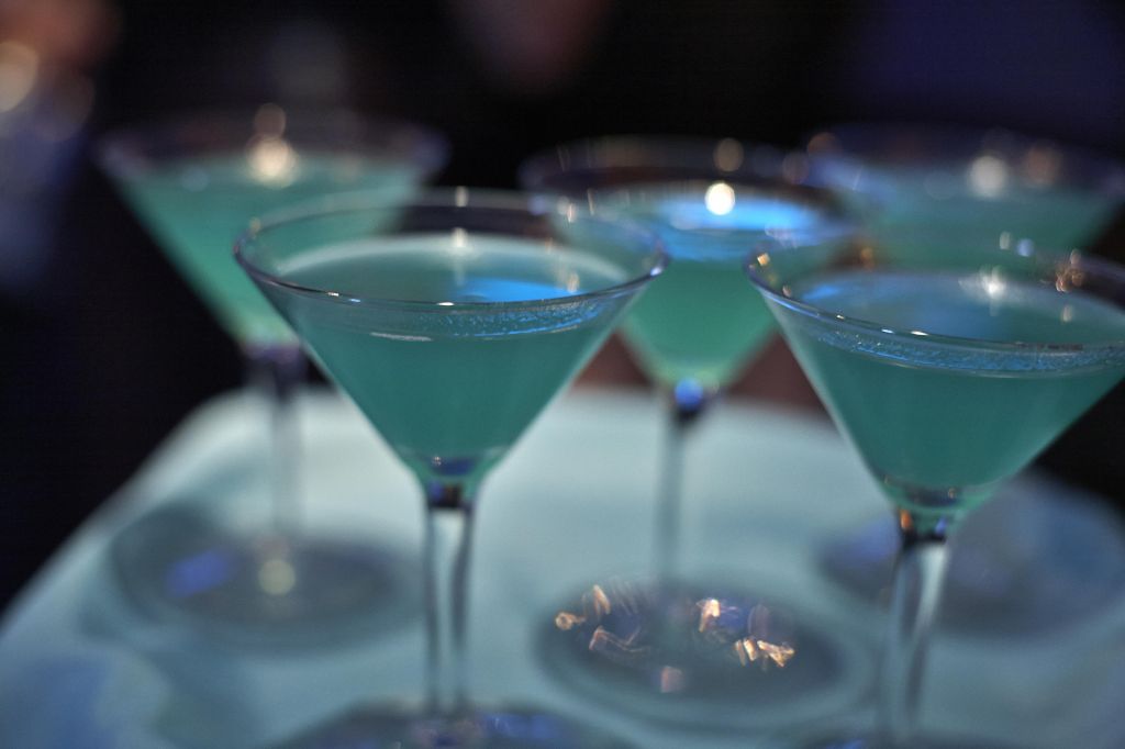 A tray of blue drinks
