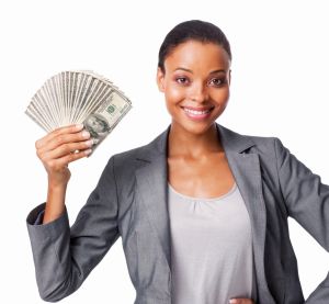 Woman Holding American Currency - Isolated