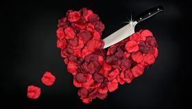 Red rose petals in heart shape with large knife