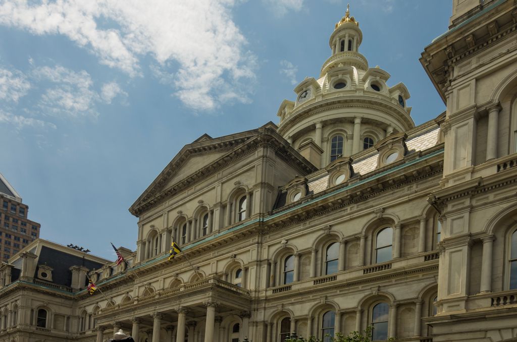 Imposing architecture of the Baltimore City Hall, Baltimore, Maryland, USA