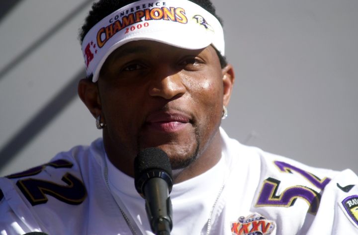 Baltimore Ravens' linebacker Ray Lewis meets the media at th