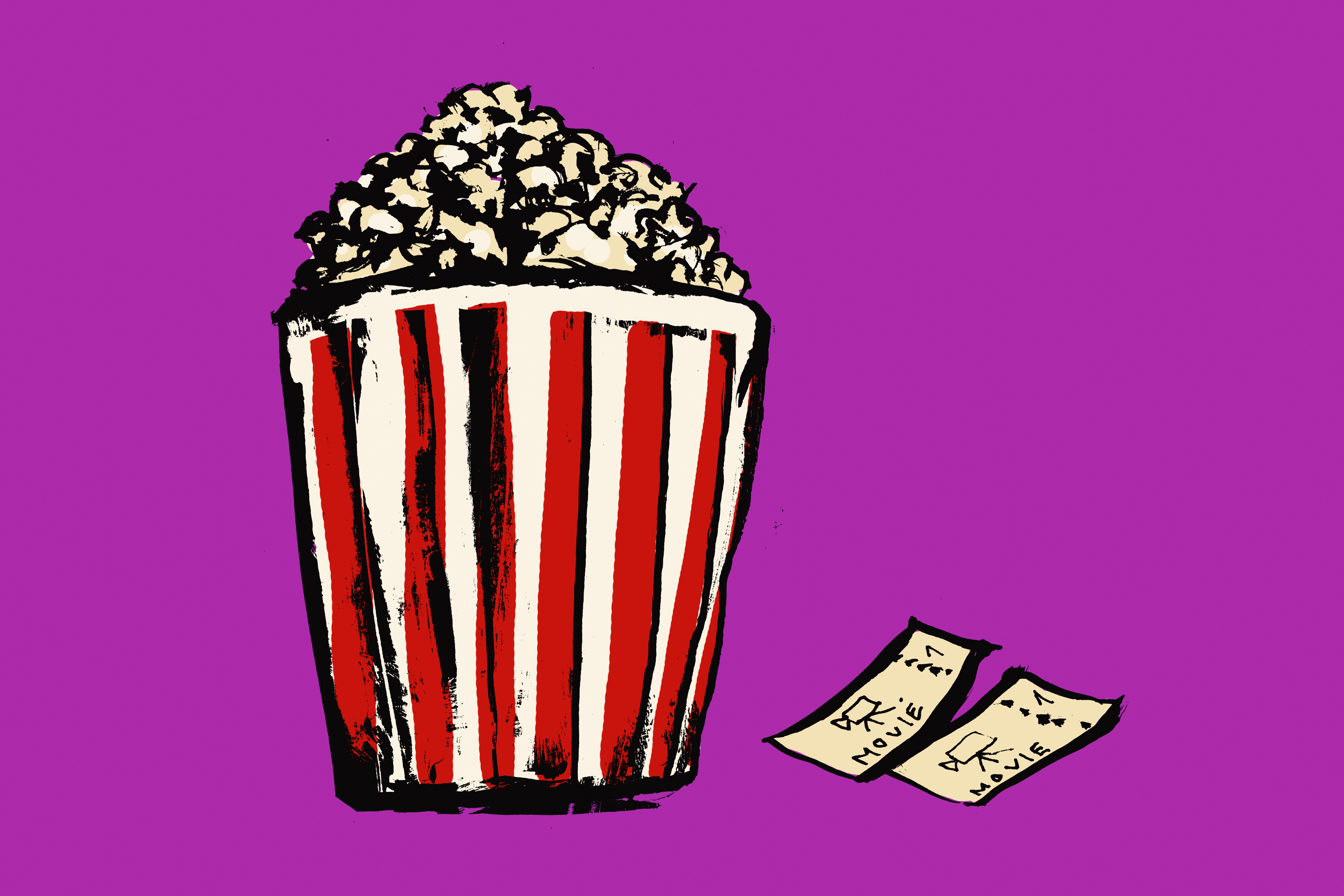Illustration of popcorn box and movie tickets against pink background