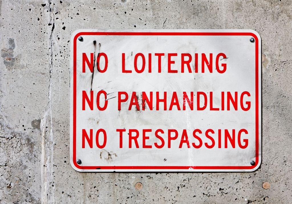 No Loitering, No Panhandling, No Trespassing Sign