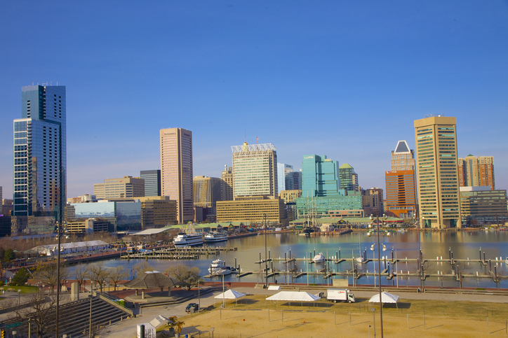 View of Inner Harbor and towers of downtown Baltimore