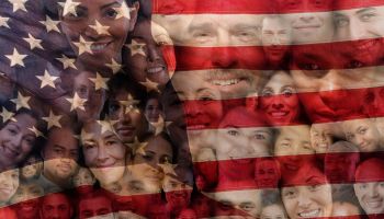Collage of smiling faces on American flag