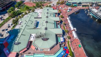 Aerial view of the Baltimore Inner Harbor shopping mall, Baltimore, Maryland,