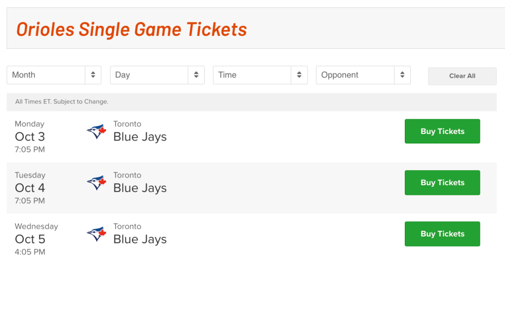 Baltimore Orioles Single Game Tickets