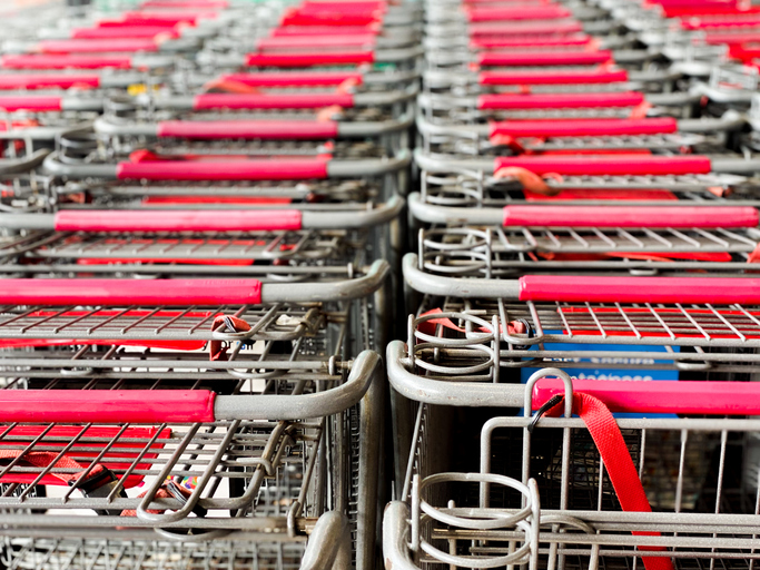 rows of parked grocery shopping carts