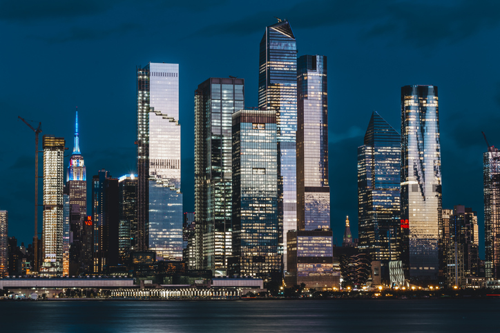 Manhattan Midtown Skyline, Seen From Across The Hudson River At Night. Beautiful Reflections