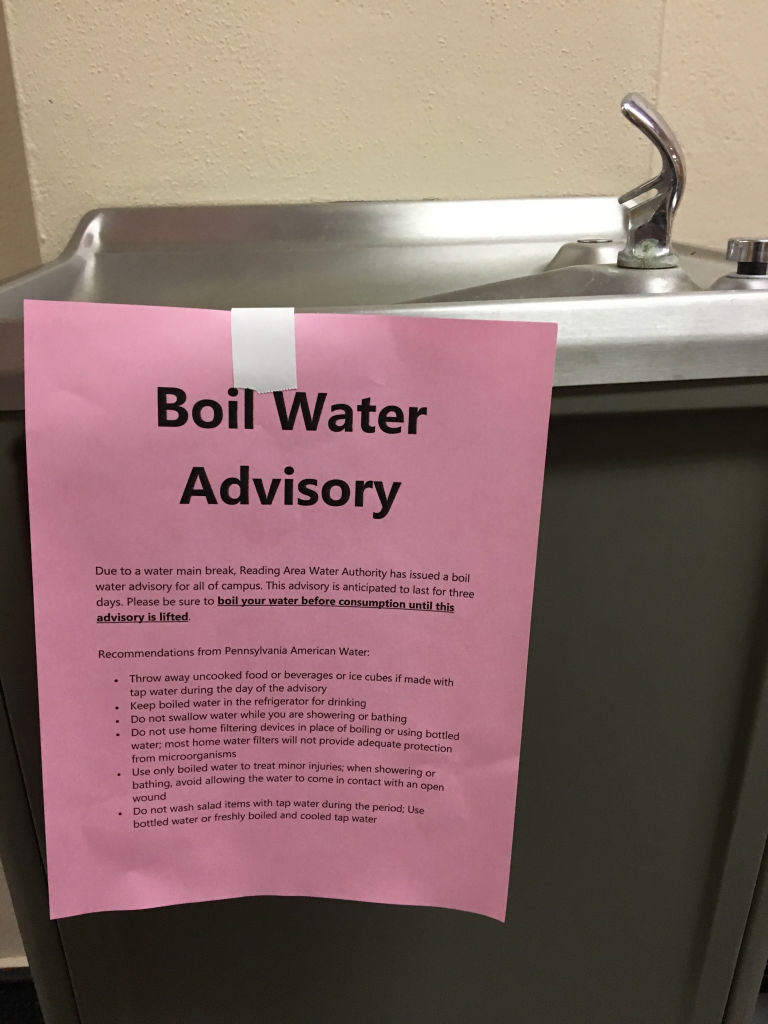 Boil Water Advisory Water Main Break A boil water advisory is taped to a water fountain in a classroom building at Albright College due to a water main break in Muhlenberg Township.
