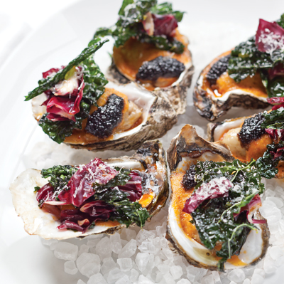 Roasted Oysters with Fried Kale and Parmesan