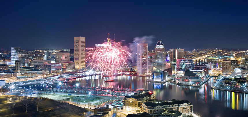 Evening panoramic of the Baltimore Skyline and Inn