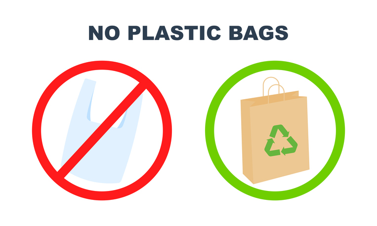 Flat icon with ban plastic bags. Slogan no plastic bags. Forbidden use polythene package.