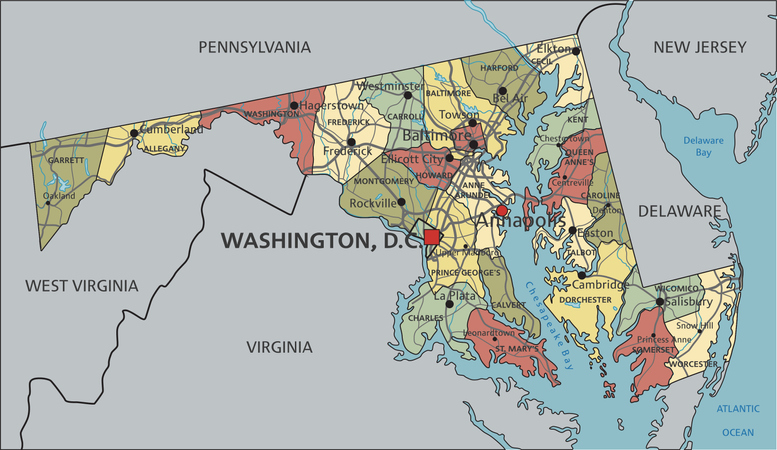 Maryland - Highly detailed editable political map with labeling.