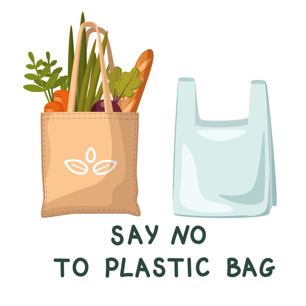 Pollution problem concept. Say no to plastic bags, bring a textile bag with you.