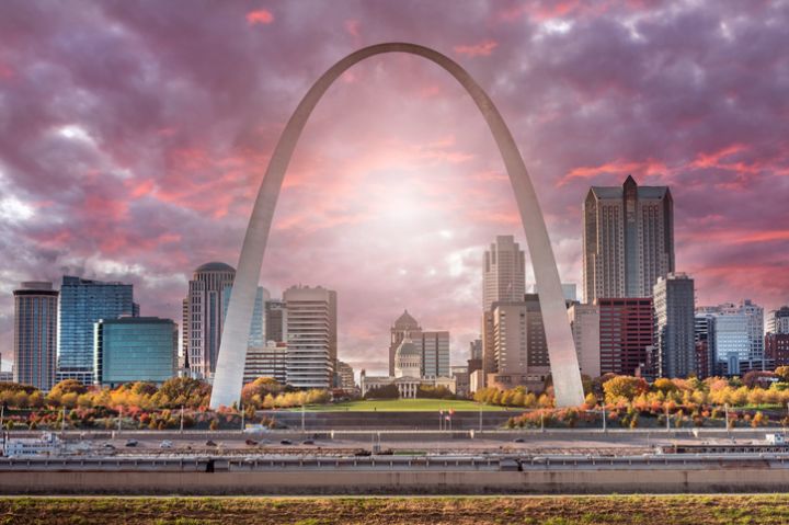 St. Louis Missouri downtown city skyline view and the Gateway Arch over the Mississippi River