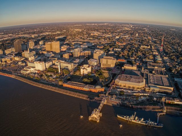 Aerial view of Baton Rouge, the Capitol of the American State of Louisiana at sunset