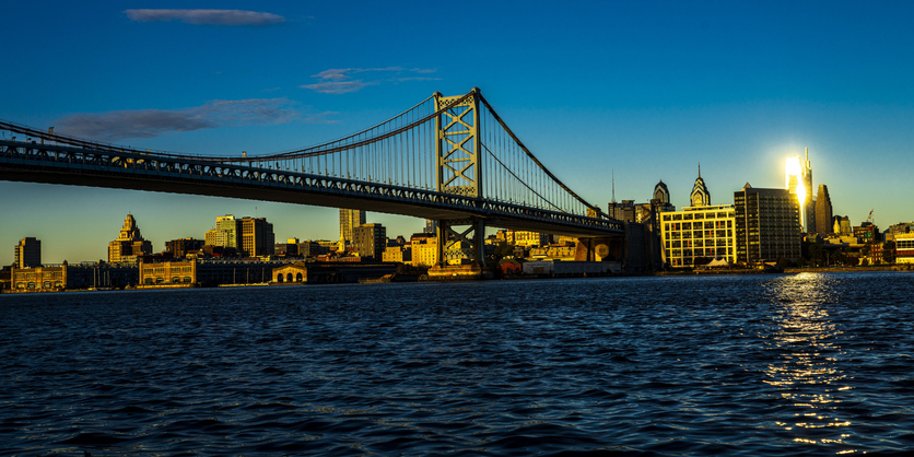 Sunrise on Ben Franklin Bridge and Philadelphia from Cooper Point, Camden, New Jersey