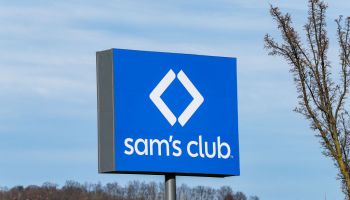 A sign for Sam's Club is seen at the entrance to the members...