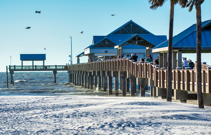 Clearwater, FL - February 5, 2016: People along the pier of Clearwater Beach at sunset