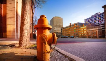 Fire hydrant on sidewalk of Baltimore city, USA