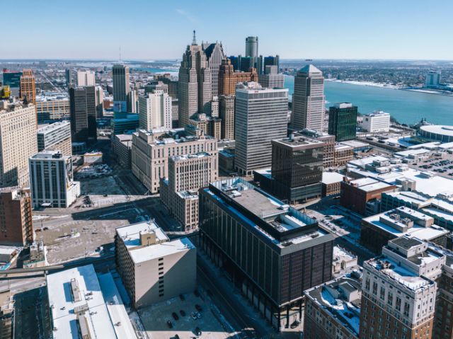 Aerial of Detroit city downtown with Renaissance center winter Michigan USA