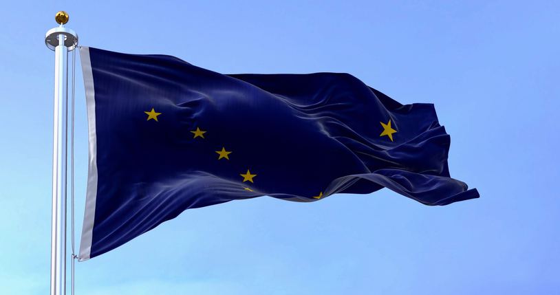Alaska state flag waving in the wind on a clear day. Big dipper and polaris on a dark blue background. 3d illustration render. Selective focus. Rippled textile. US state flag.