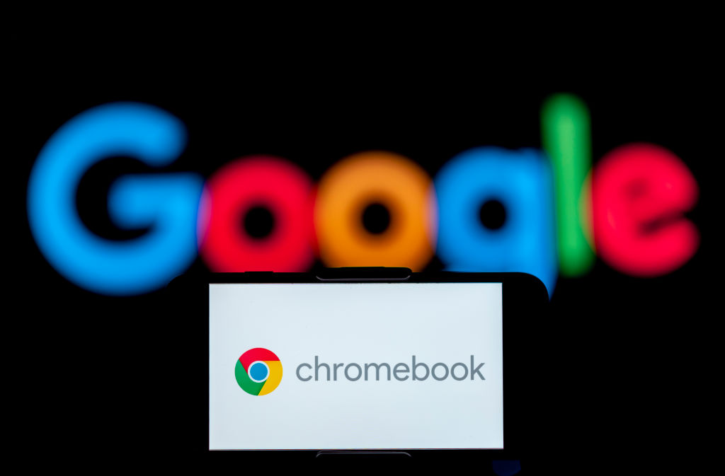 In this photo illustration, the logo of chromebook is seen...