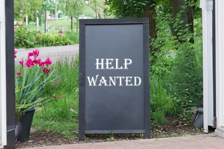 Help Wanted Signs On Business Labor Shortage, Labor Market And Employment Concept