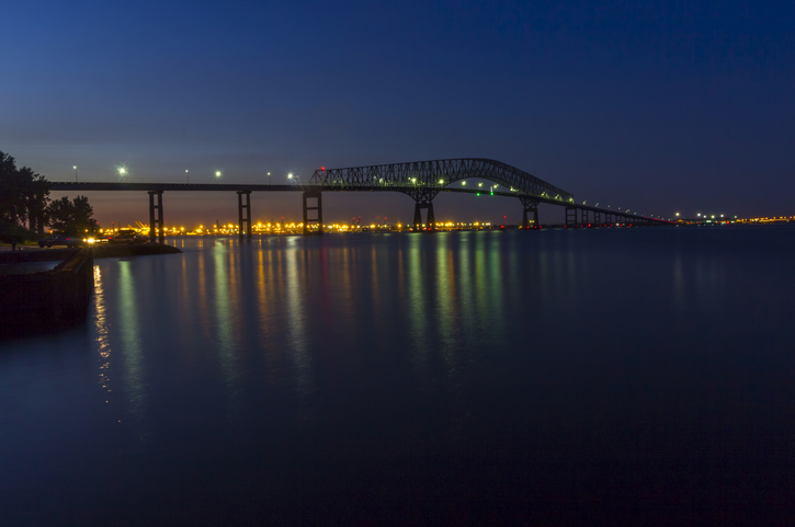 Francis Scott Key Bridge and Baltimore skyline at night