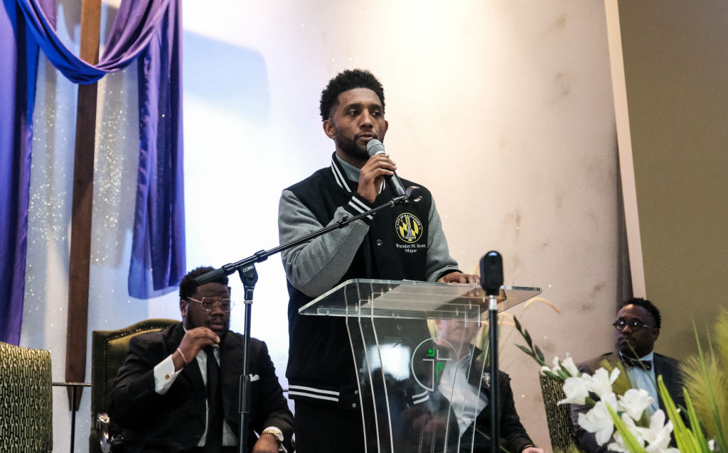 BALTIMORE, MD - MARCH 26: Baltimore Mayor Brandon Scott speaks