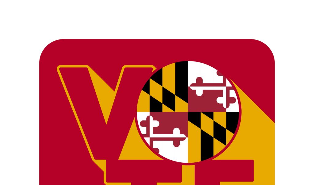 Vote sign, postcard, poster. Banner with Maryland flag with long shadow. Vector illustration.