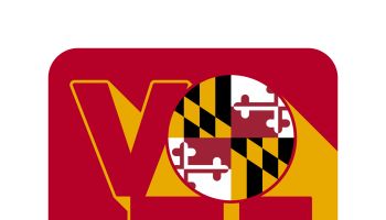 Vote sign, postcard, poster. Banner with Maryland flag with long shadow. Vector illustration.