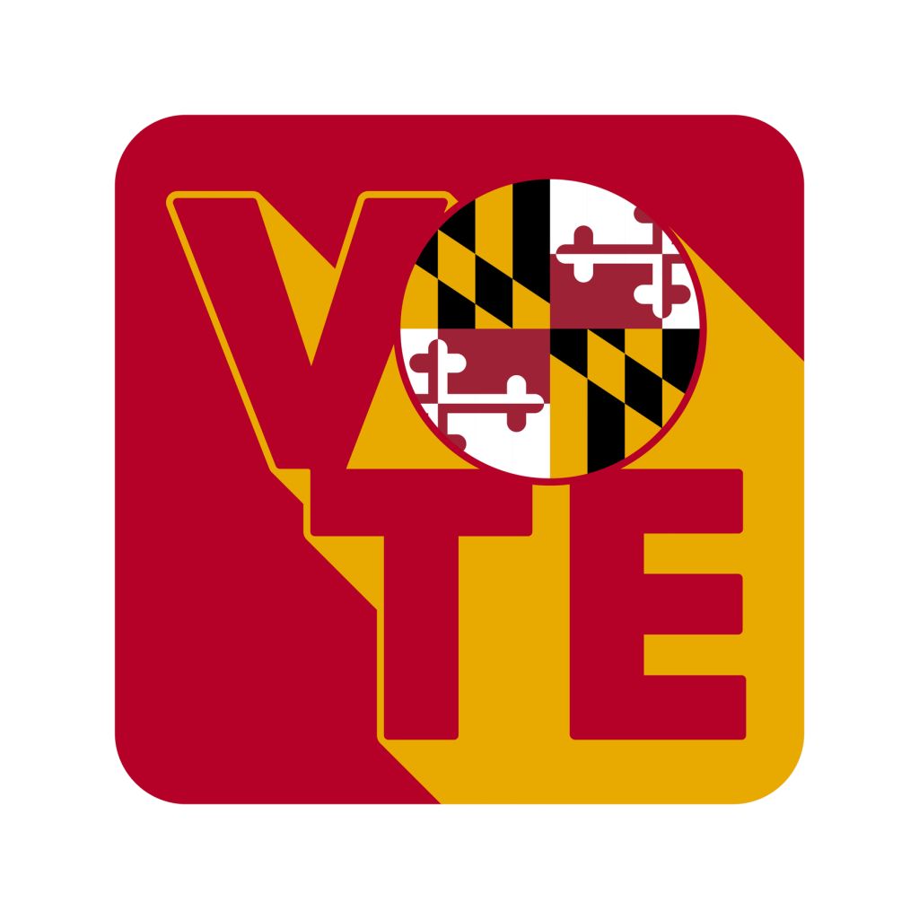 Vote sign, postcard, poster. Banner with Maryland flag with long shadow. Vector illustration.