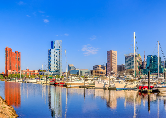 A view of Baltimore Harbor in the morning. Baltimore, Maryland, USA.