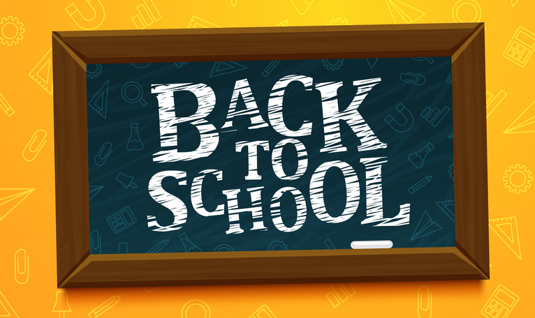 Back to school text vector template design. Back to school greeting in green chalk board space for typography and yellow pattern background.