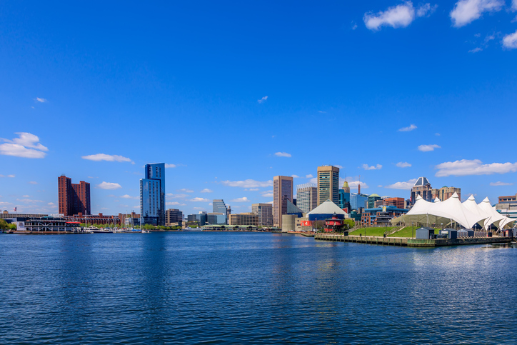 A view of Baltimore Harbor in the morning. Baltimore, Maryland, USA.