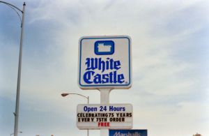 White Castle restaurant sign in Chicago south suburbs, sign celebrates their 75th anniversary circa 1996