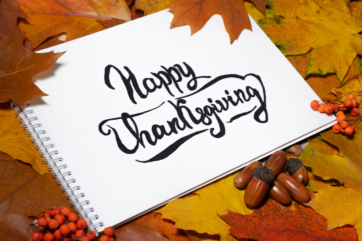 Thanksgiving Calligraphy with Autumn Leaves and Acorns