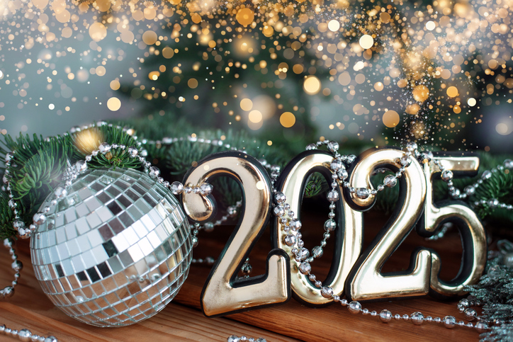 New Year 2025. Happy New Year. Christmas holiday. Numbers of the New Year 2025 on a plain background with Christmas tree branches. Festive background.