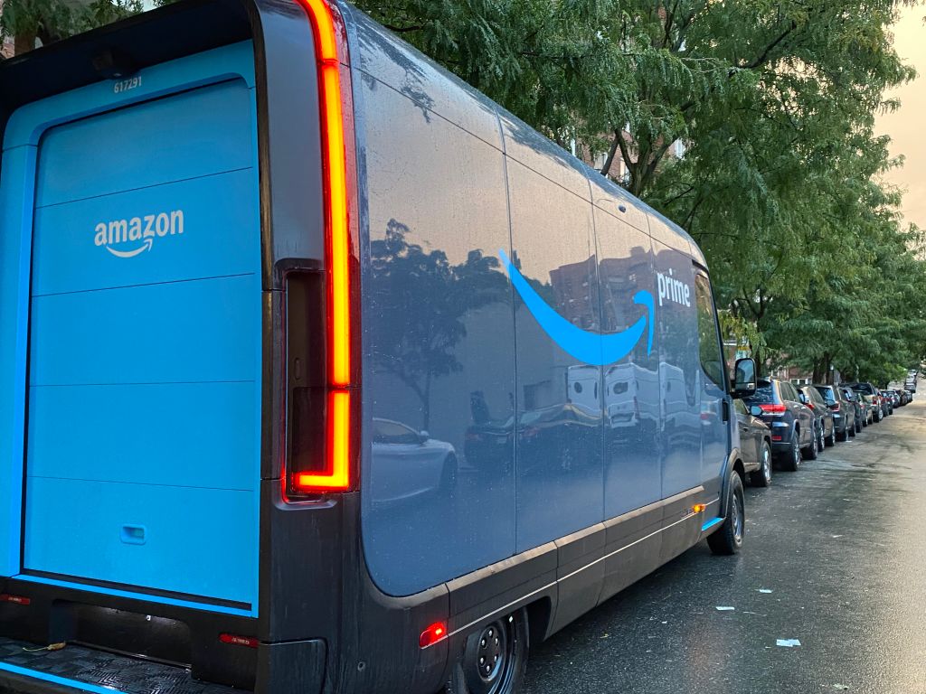 Amazon Prime delivery truck in suburbs, Queens, New York