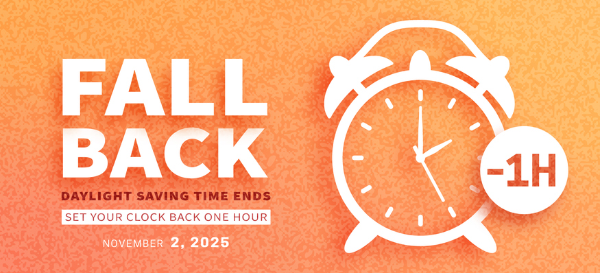 Fall Back. Daylight saving time ends banner with alarm clock