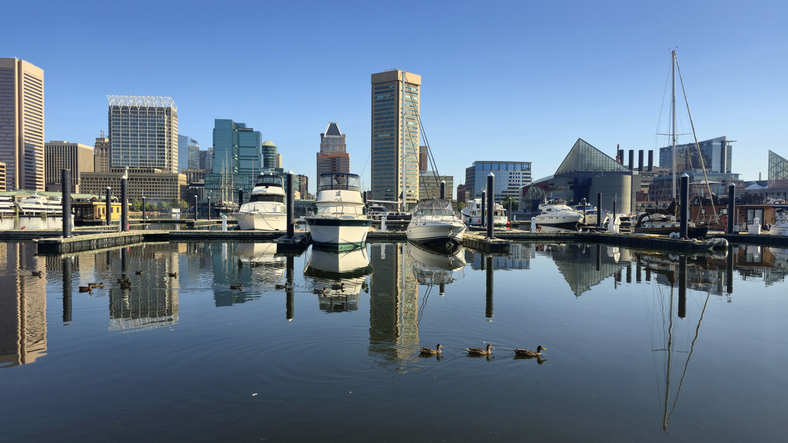 Waterfront Cityscape with Boats and Reflections,United States,USA