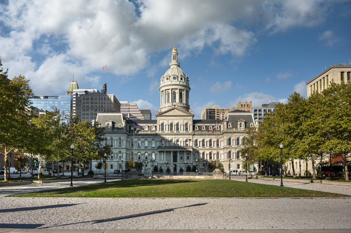 Baltimore Maryland City Hall in downtown civic center view USA