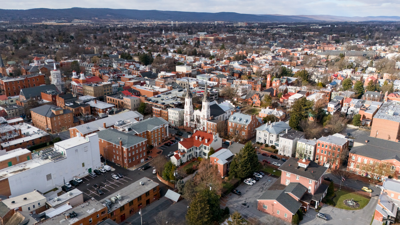 Aerial view of Frederick Maryland residential downtown with historic buildings
