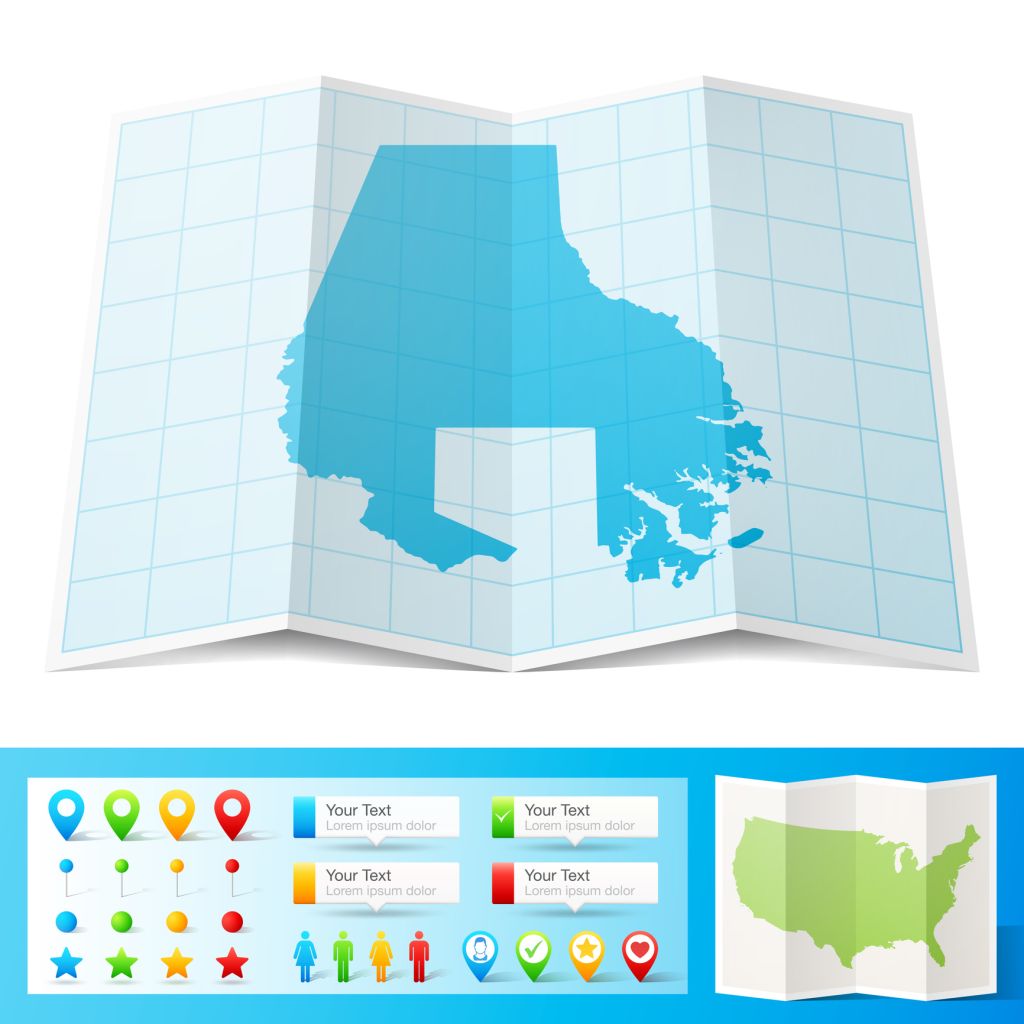 Baltimore County, Maryland Map with location pins on white Background