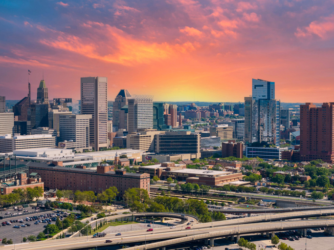 Baltimore cityscape at sunset.