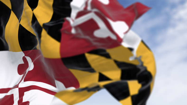 close-up of Maryland state flag waving on a clear day