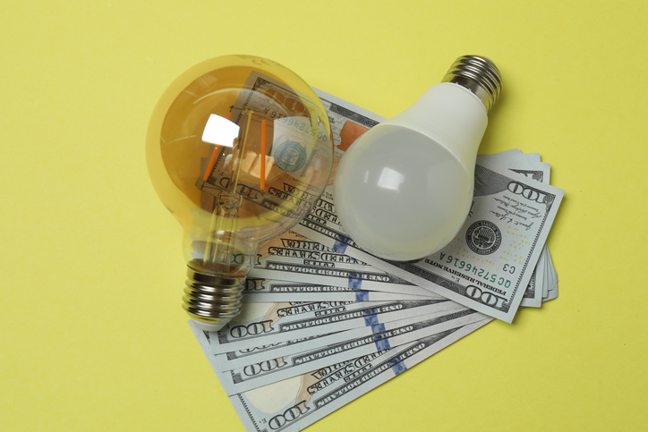 Electric bulbs. Energy efficiency concept. LED lamp, piggy bank, house model, calculator, money. Composition saving electricity